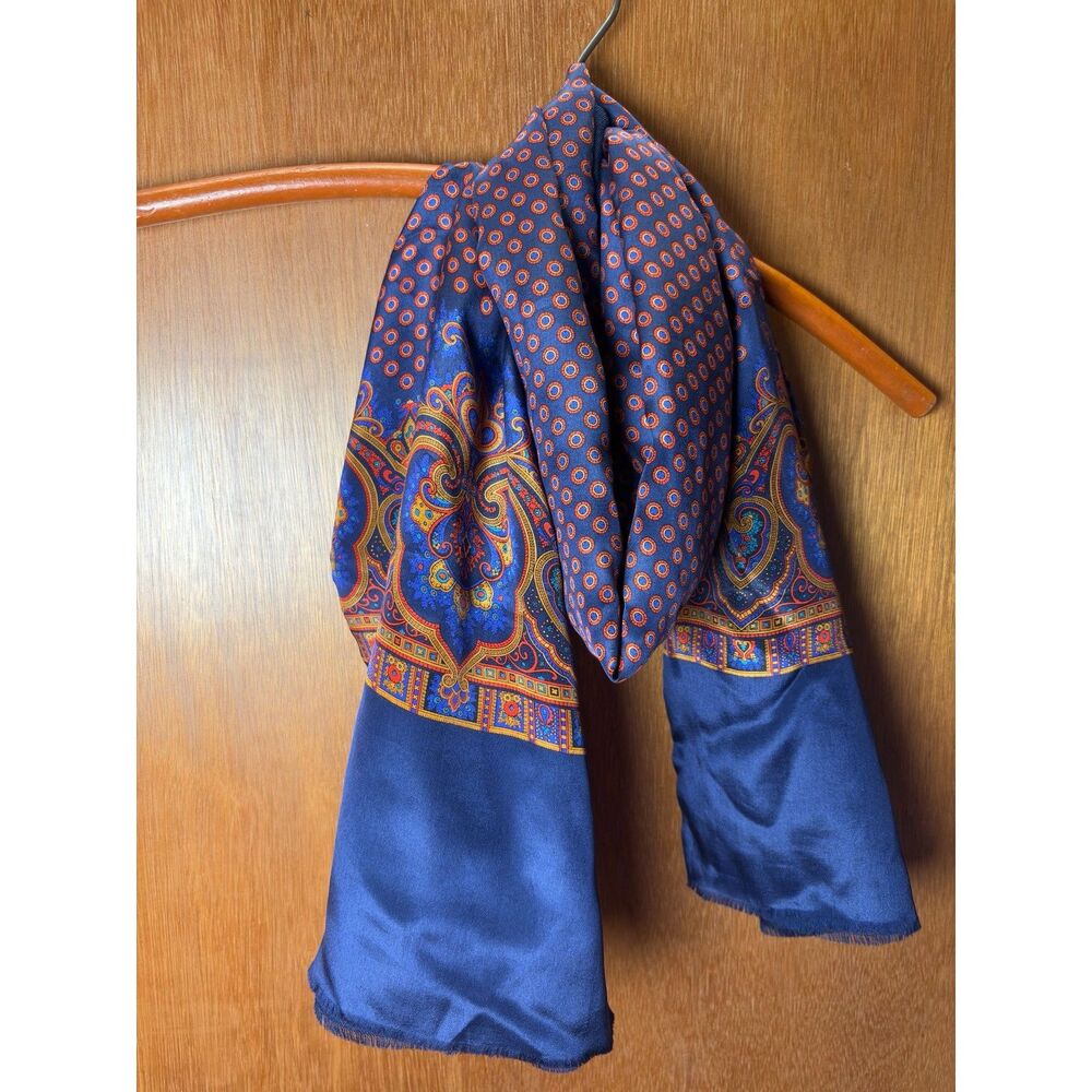 80s Vintage Bill Blass Navy + Orange Patterned 100% Silk + Wool Rectangle Scarf